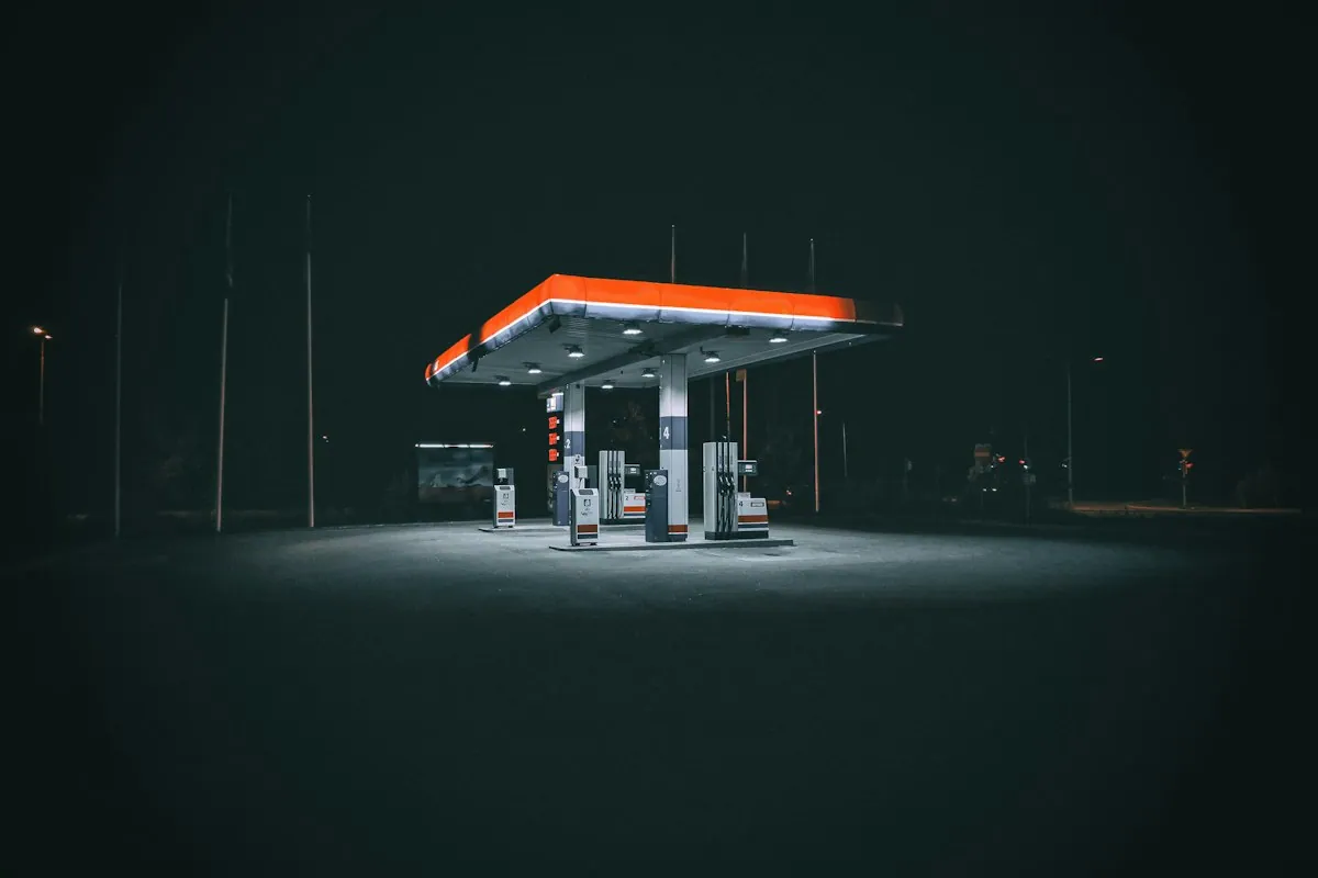 Roadside fuel station at night