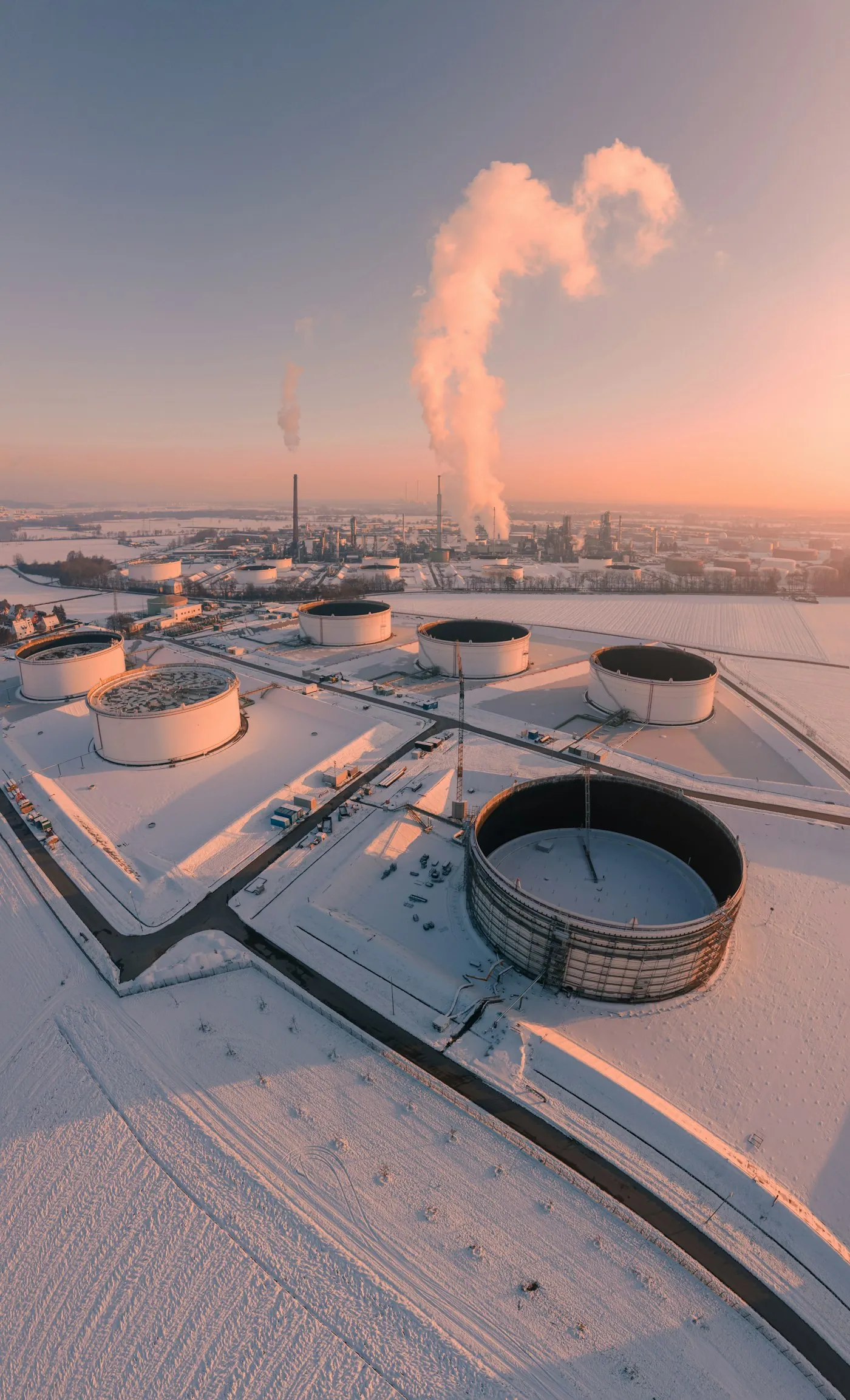 Fuel storage tanks at sunrise