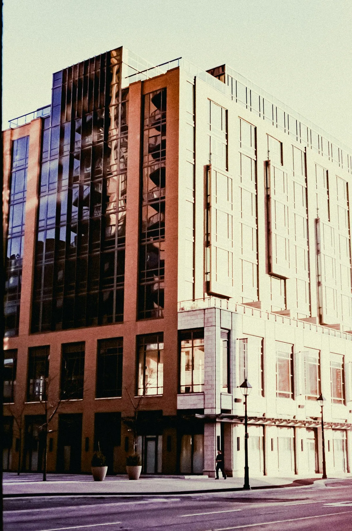 Modern office building with glass and brick facade